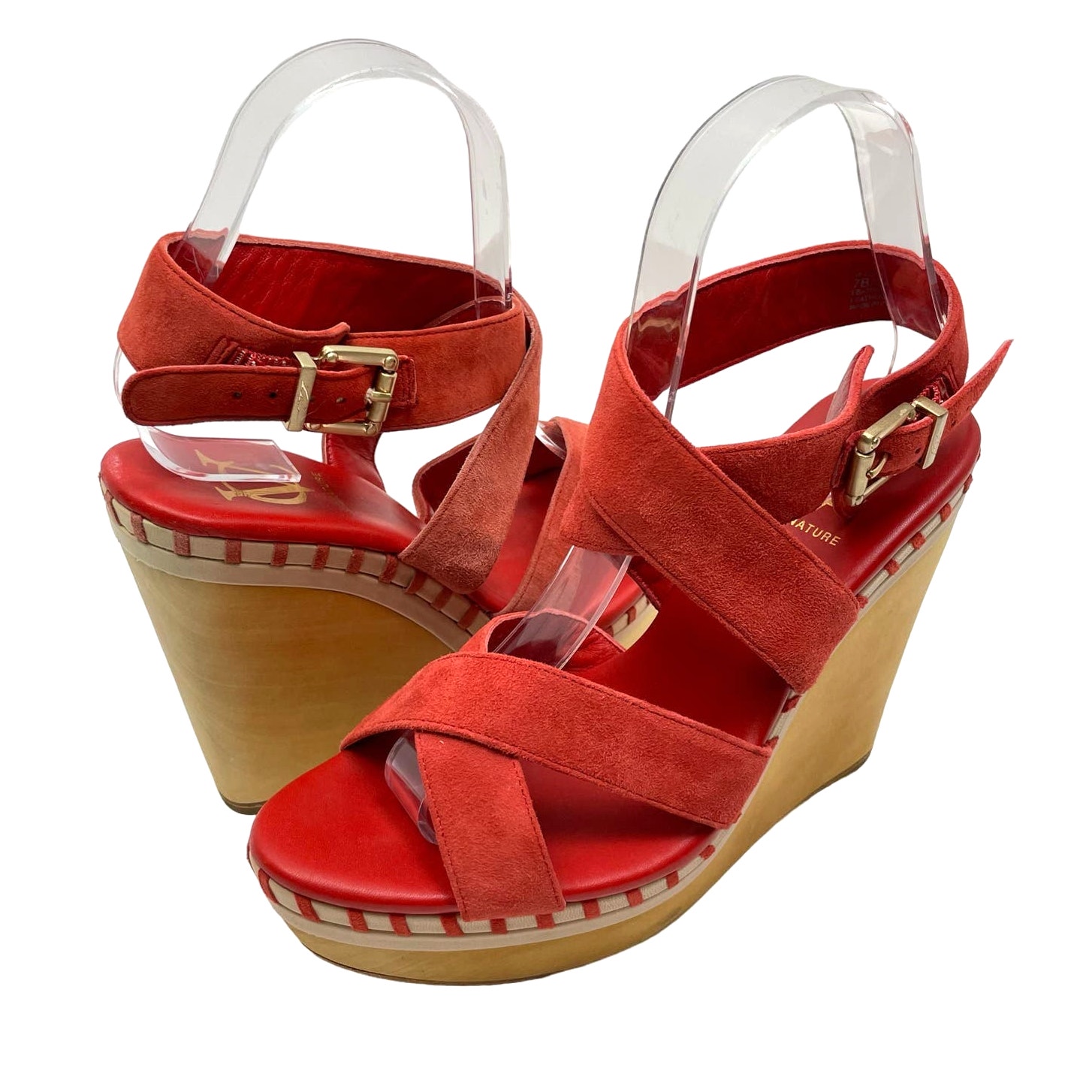 Vc Signature | Lene Vince Camuto Red Leather Ankle Strap Block Wedge Sandals